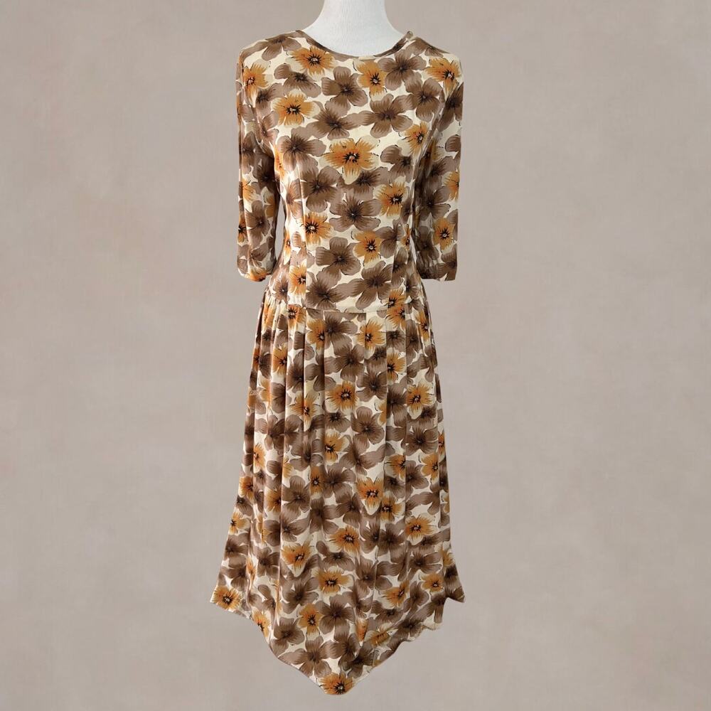 Vintage 90s Floral Midi Dress Dropped‎ Waist Rayon Brown Cottagecore 12